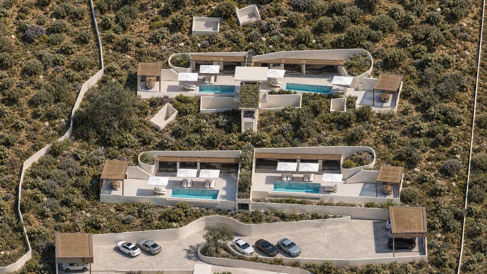 Four of the houses in pairs, each pool at the seaward edge of its terrace.