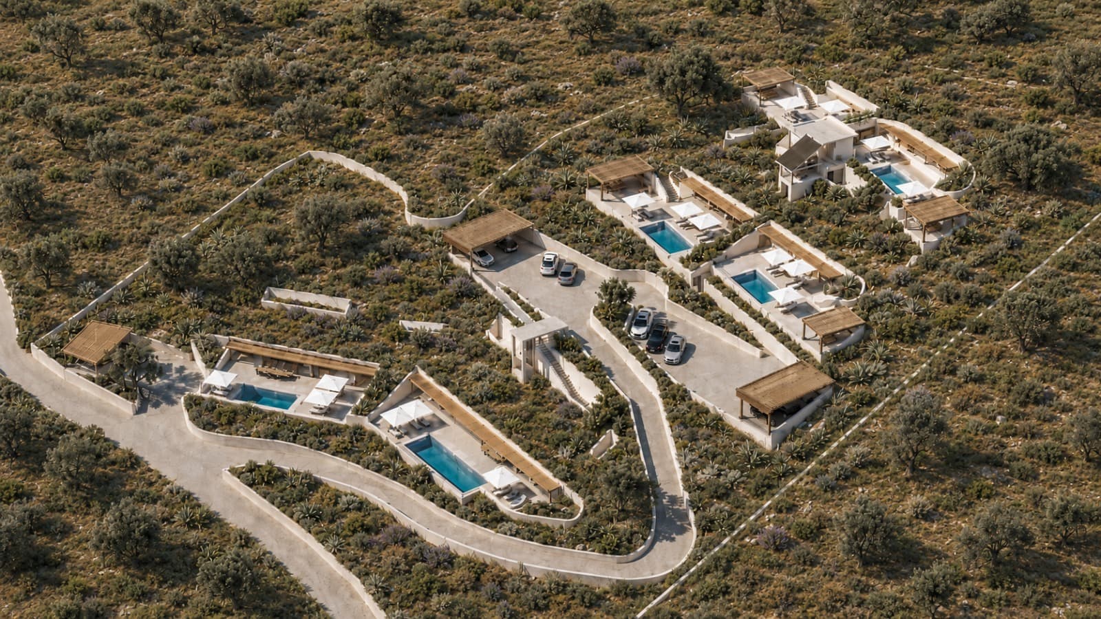 The whole scheme from above — seven villas, their pools, and the maquis left between them.