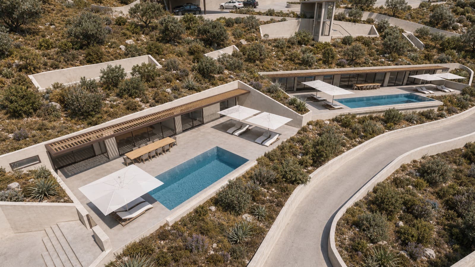 Planted roofs bringing the houses down to the level of the hillside.