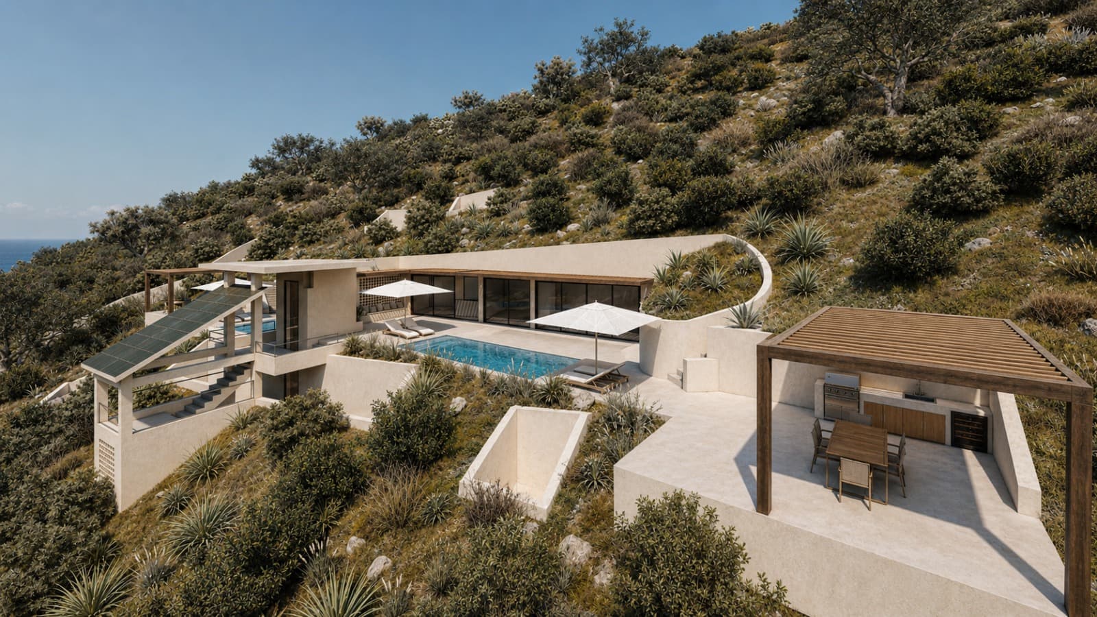 One house on its terrace, the outdoor kitchen under a timber pergola.