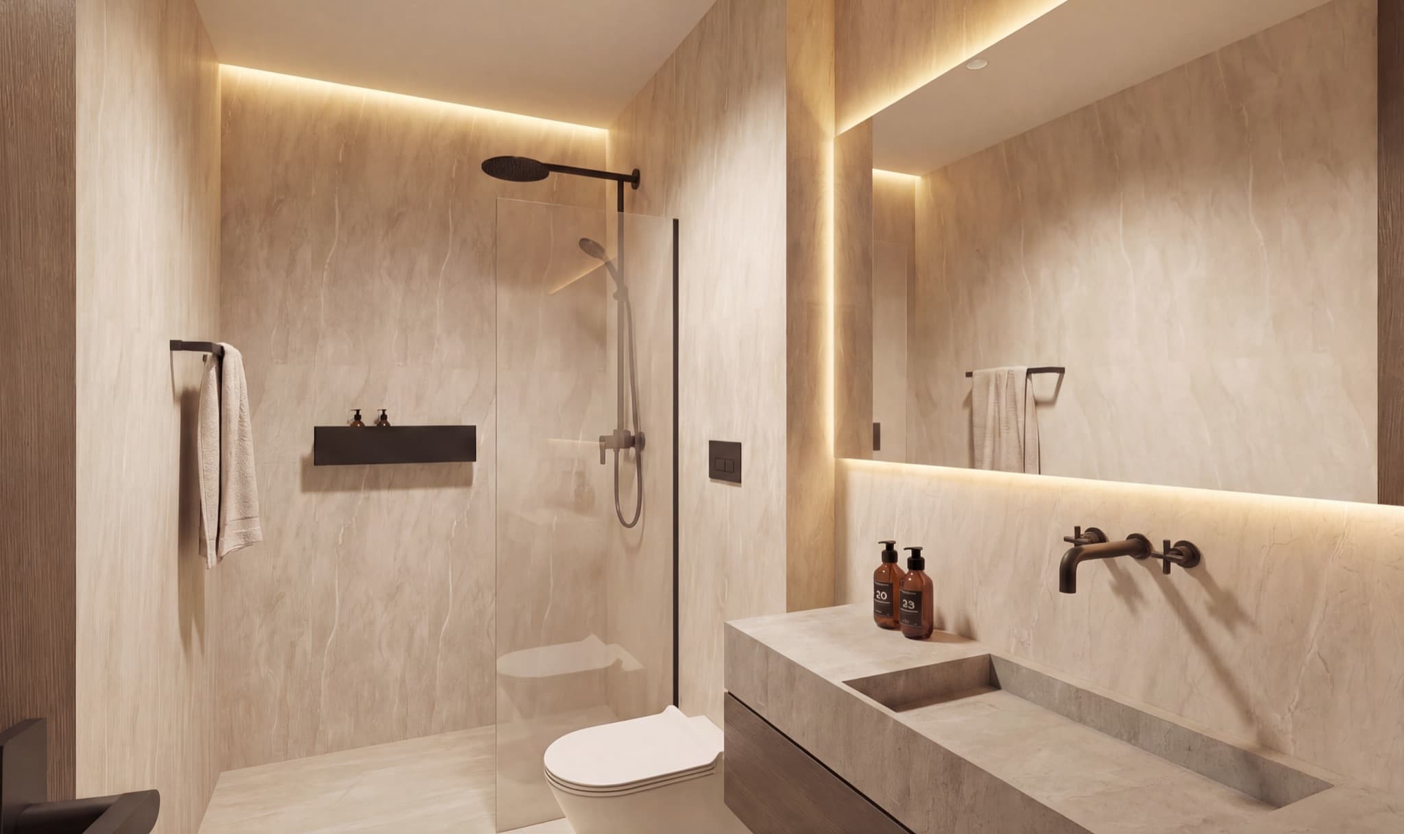 Bathroom lined in stone, with a walk-in shower.