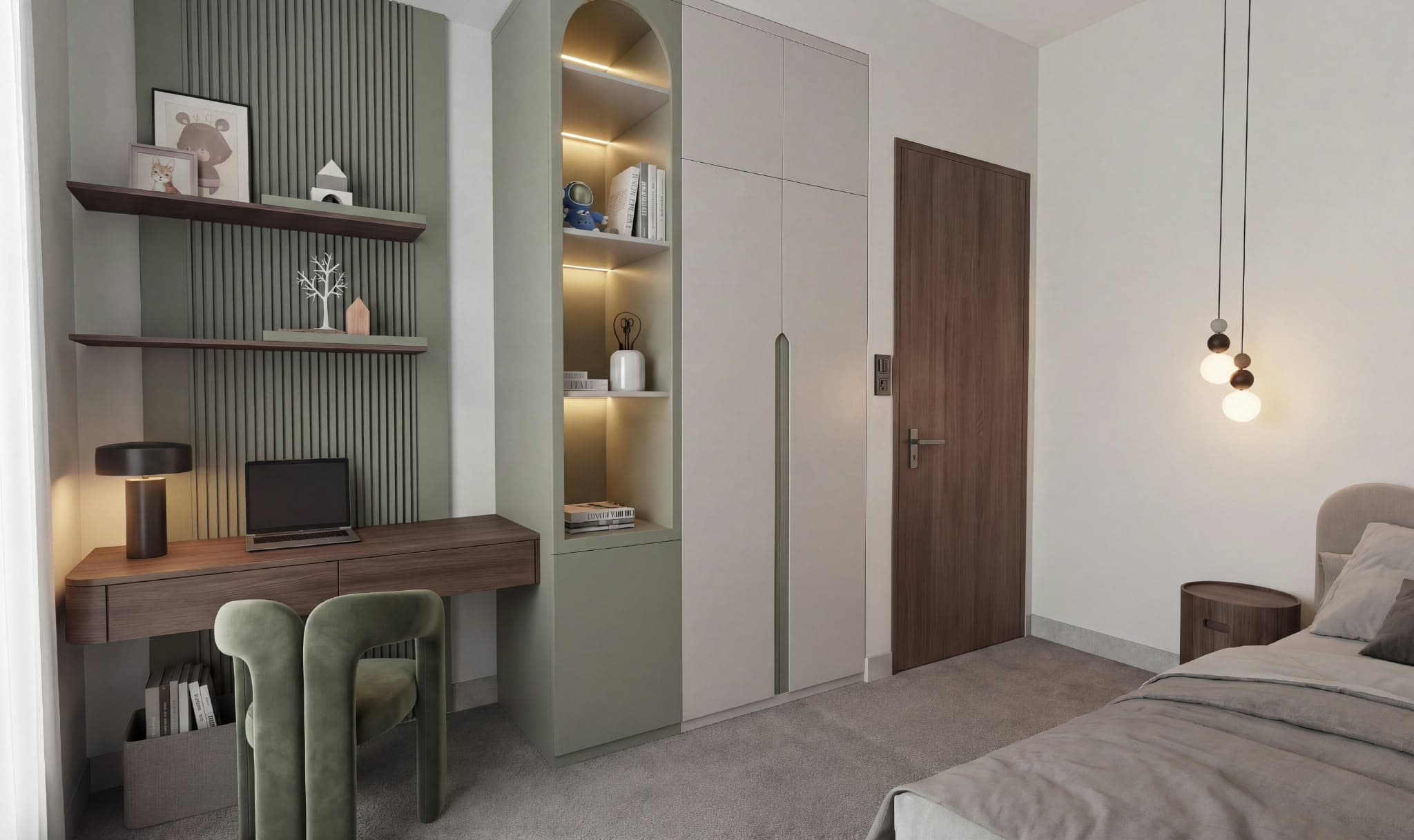 Bedroom with fitted joinery and a study wall.