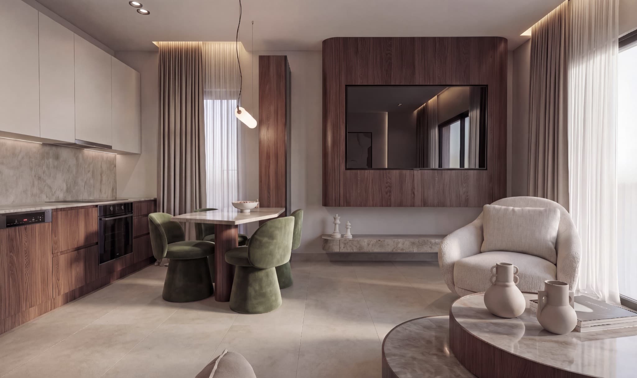 The dining table against the panelled wall, kitchen along one side.
