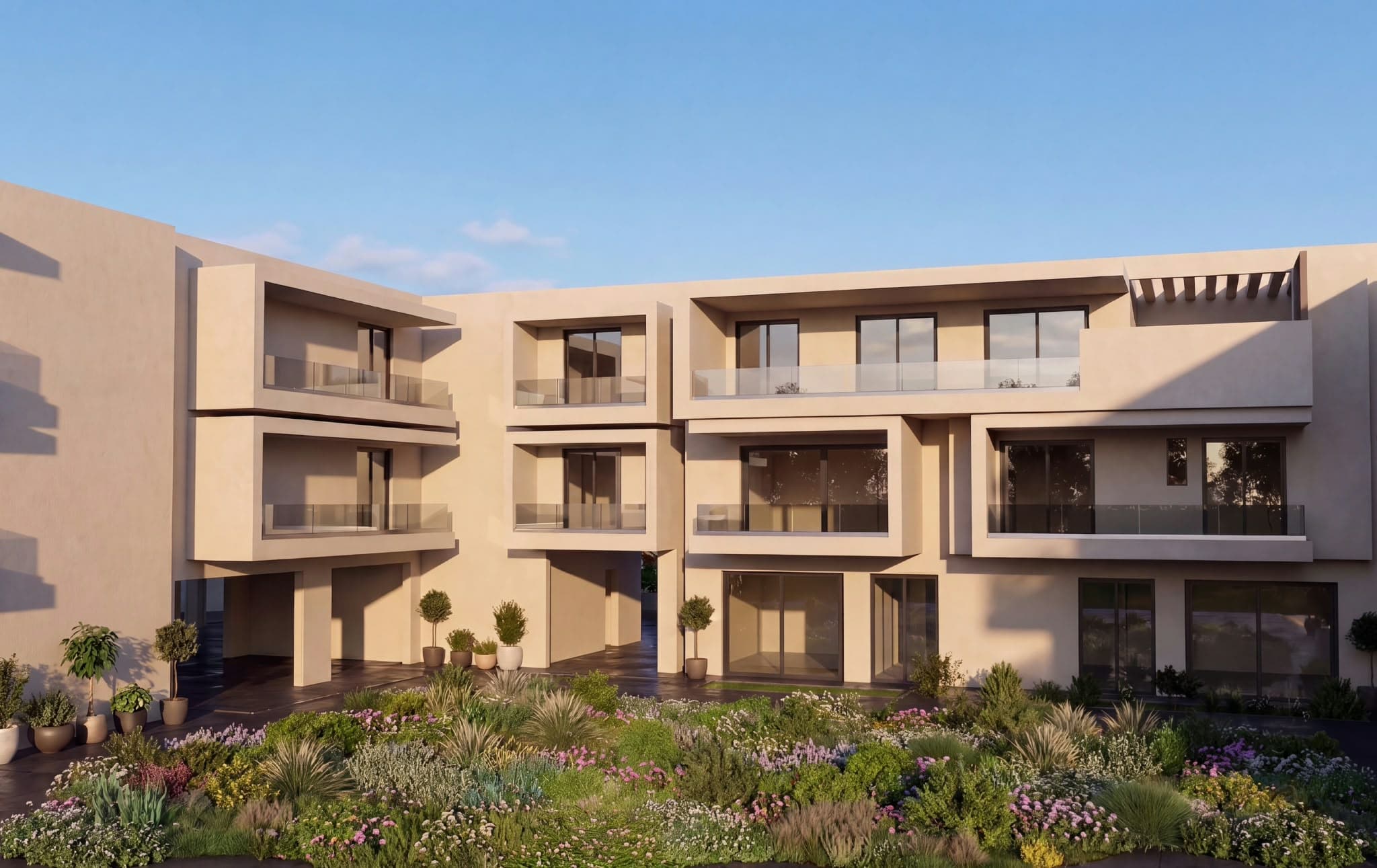 Elevation with its balconies and planted frontage.