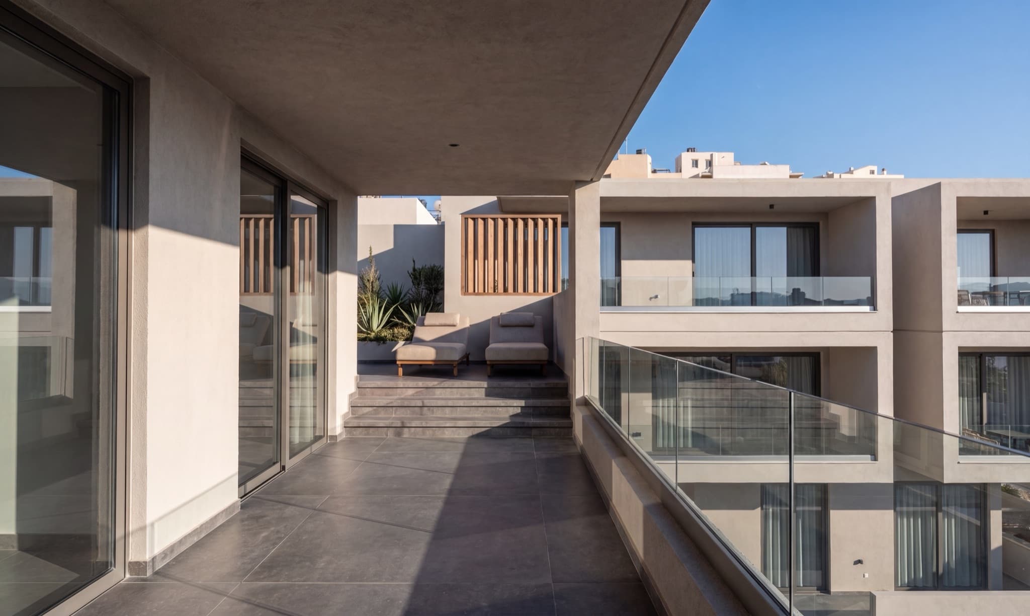 An upper terrace, looking between two of the blocks.