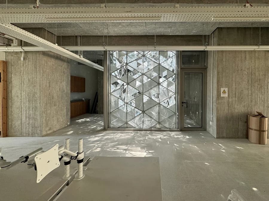 The atrium wall seen from a working floor.