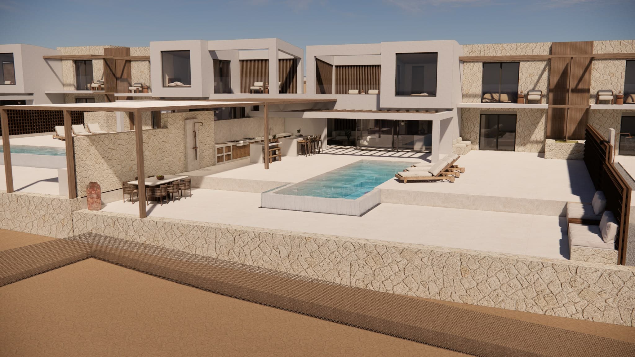 Apartment terraces with their pools.