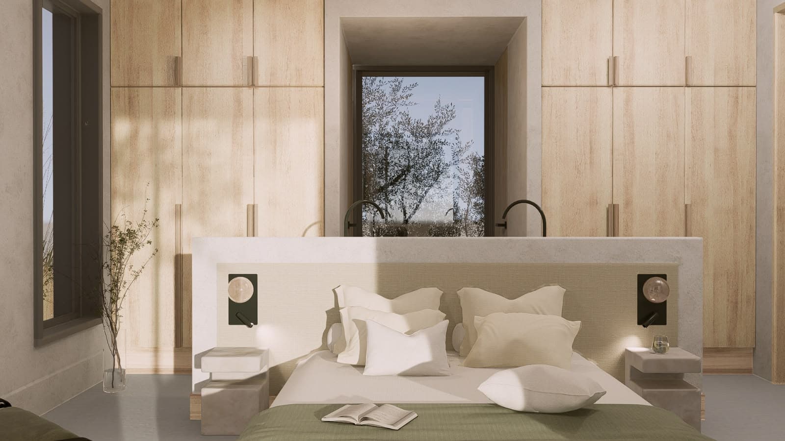 Bedroom set between fitted timber wardrobes.