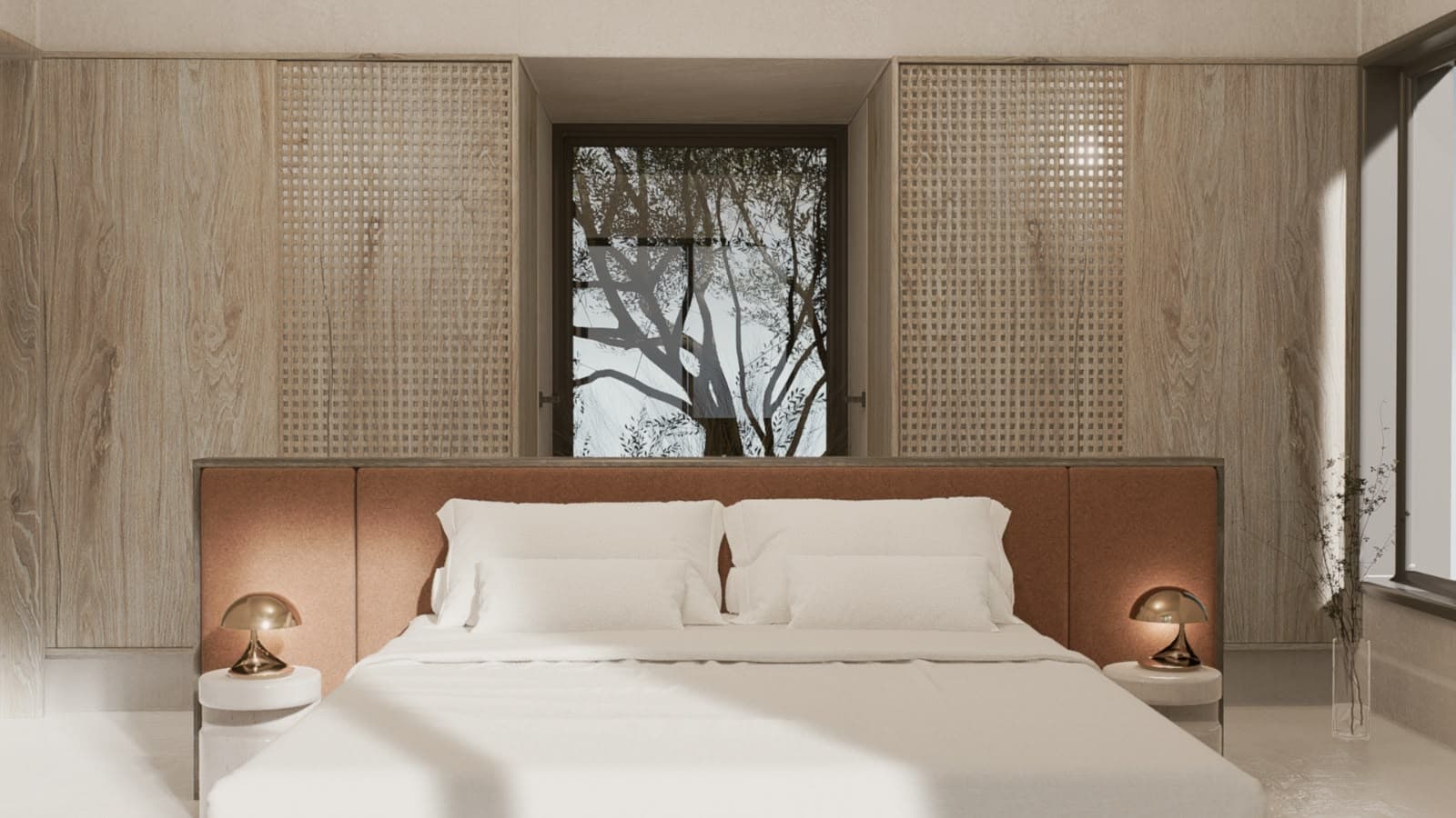 Bedroom lined in timber, with the sea through the glazing.