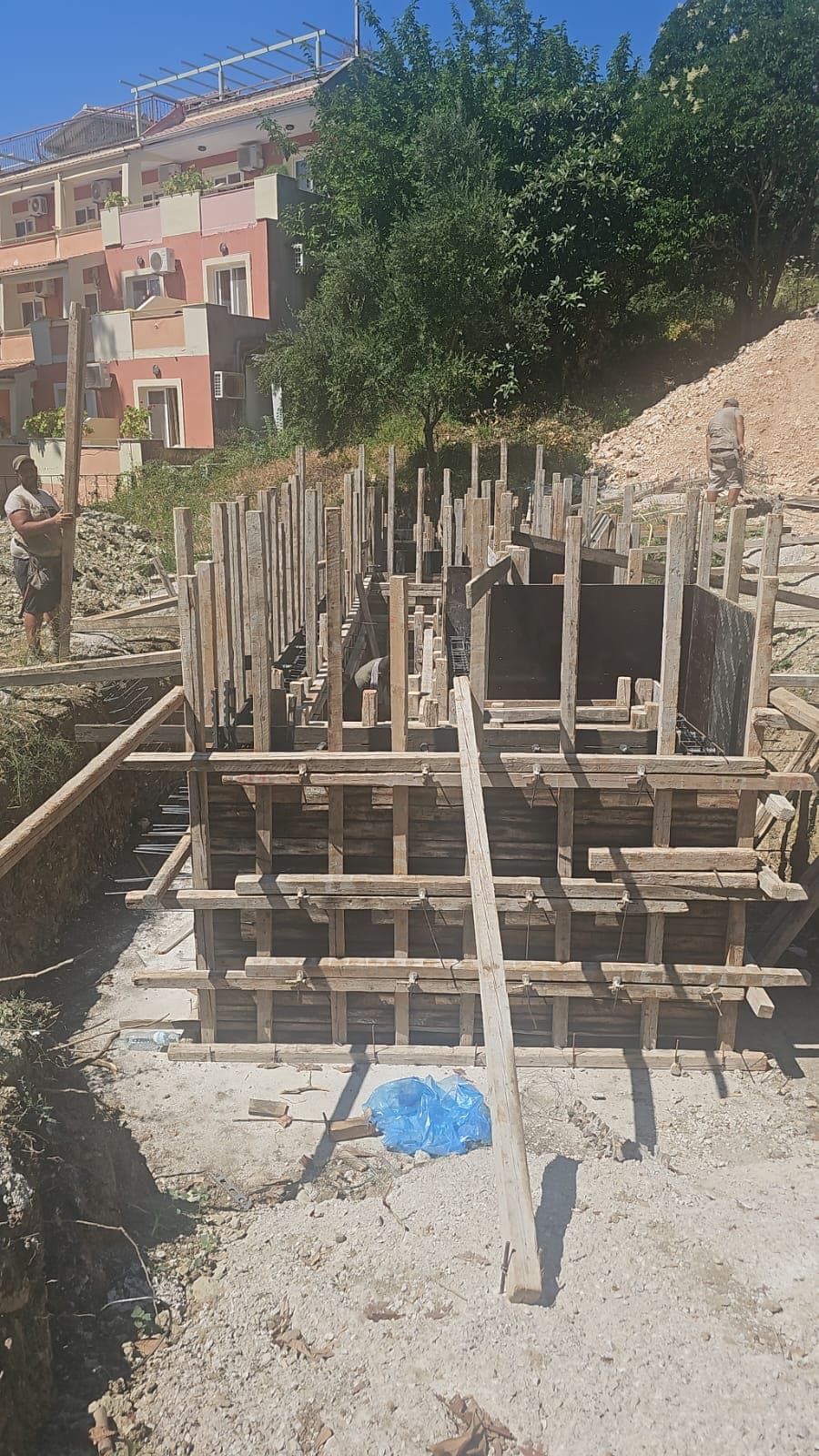 Timber formwork and reinforcement on site.