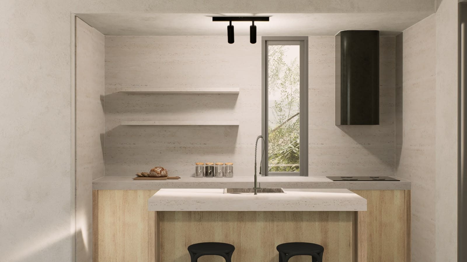 Kitchen island in travertine and timber, under a slot window.