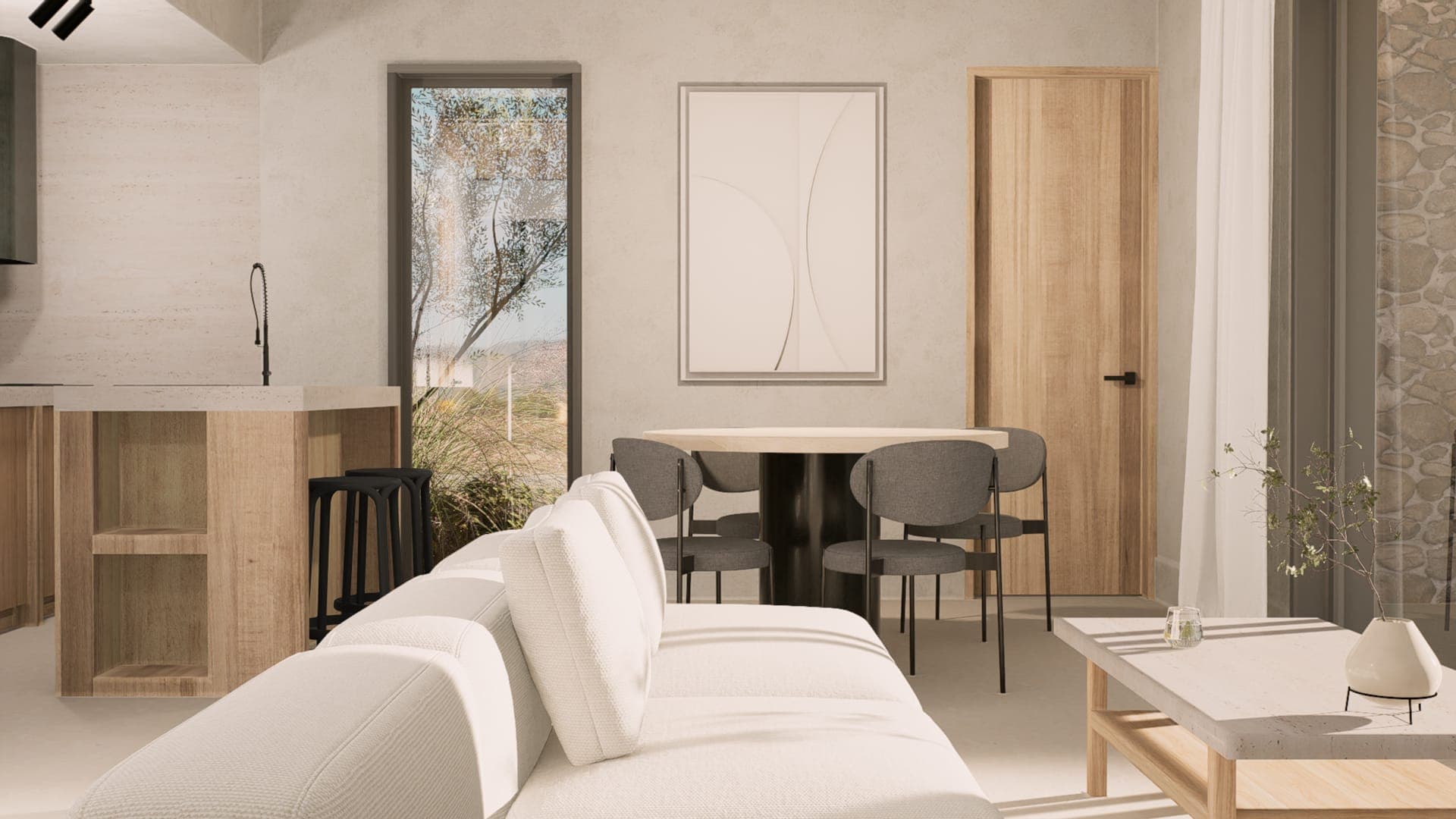 Living, dining and kitchen in one room, with a door to the terrace.