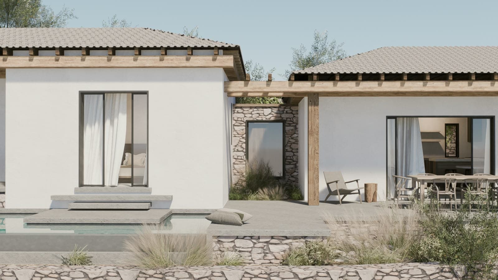 Two of the houses across the pool, the dining terrace under its pergola.