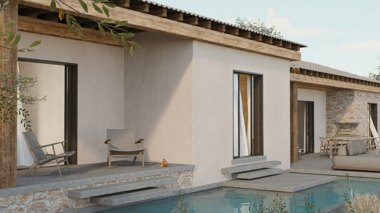 Villa elevation under its timber pergola, beside the pool.