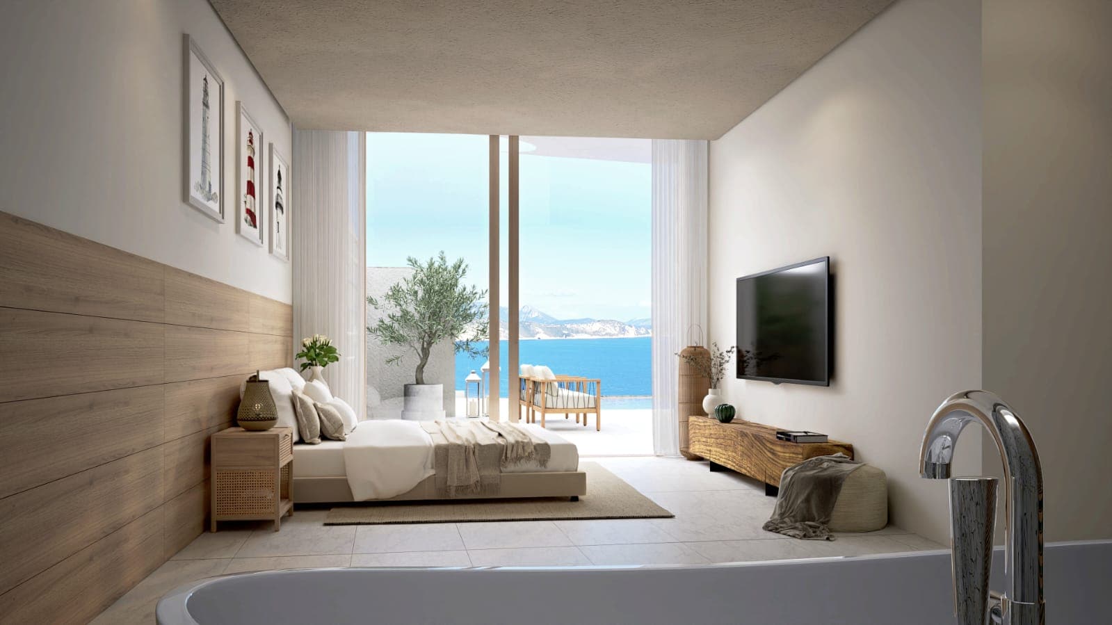 Bedroom opening to the sea.