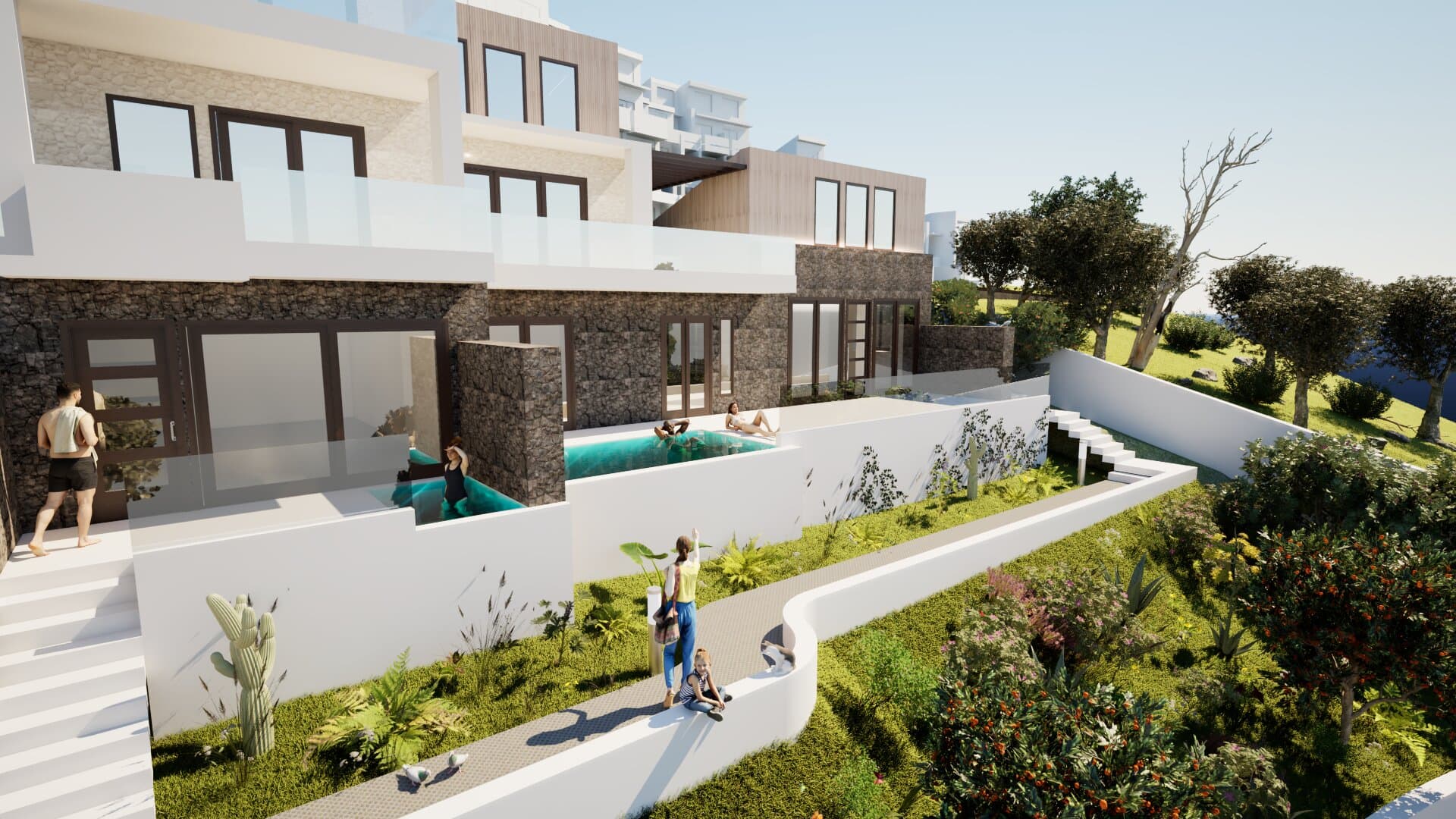 The scheme at ground level, with planting between the terraces.
